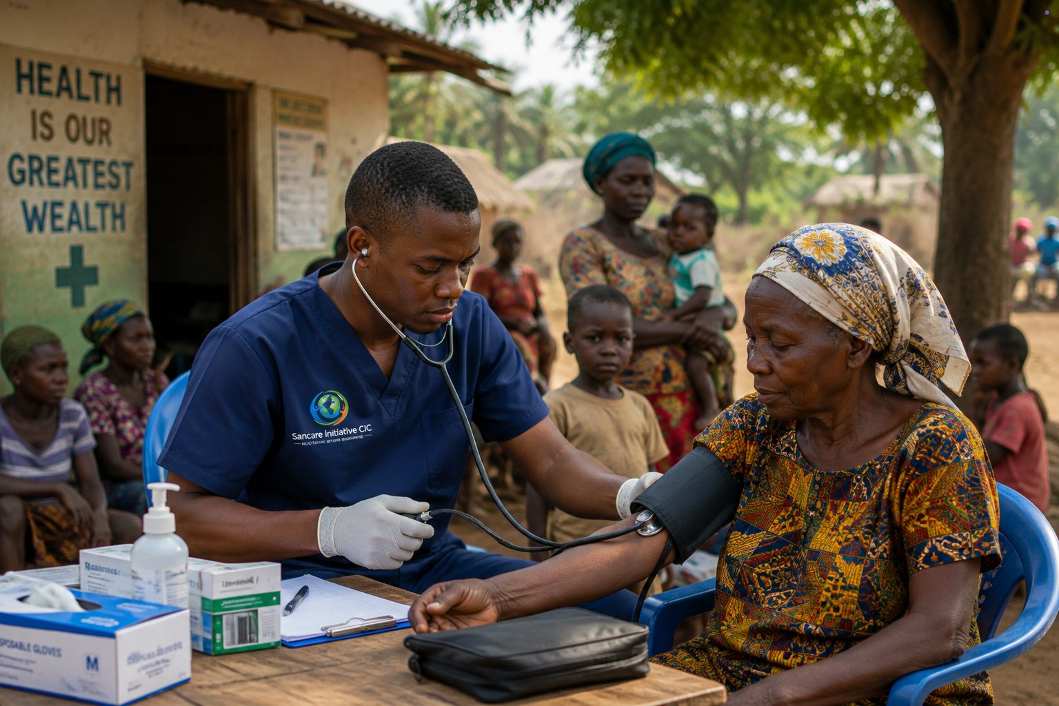 A health worker checking a patient's blood pressure during a community outreach