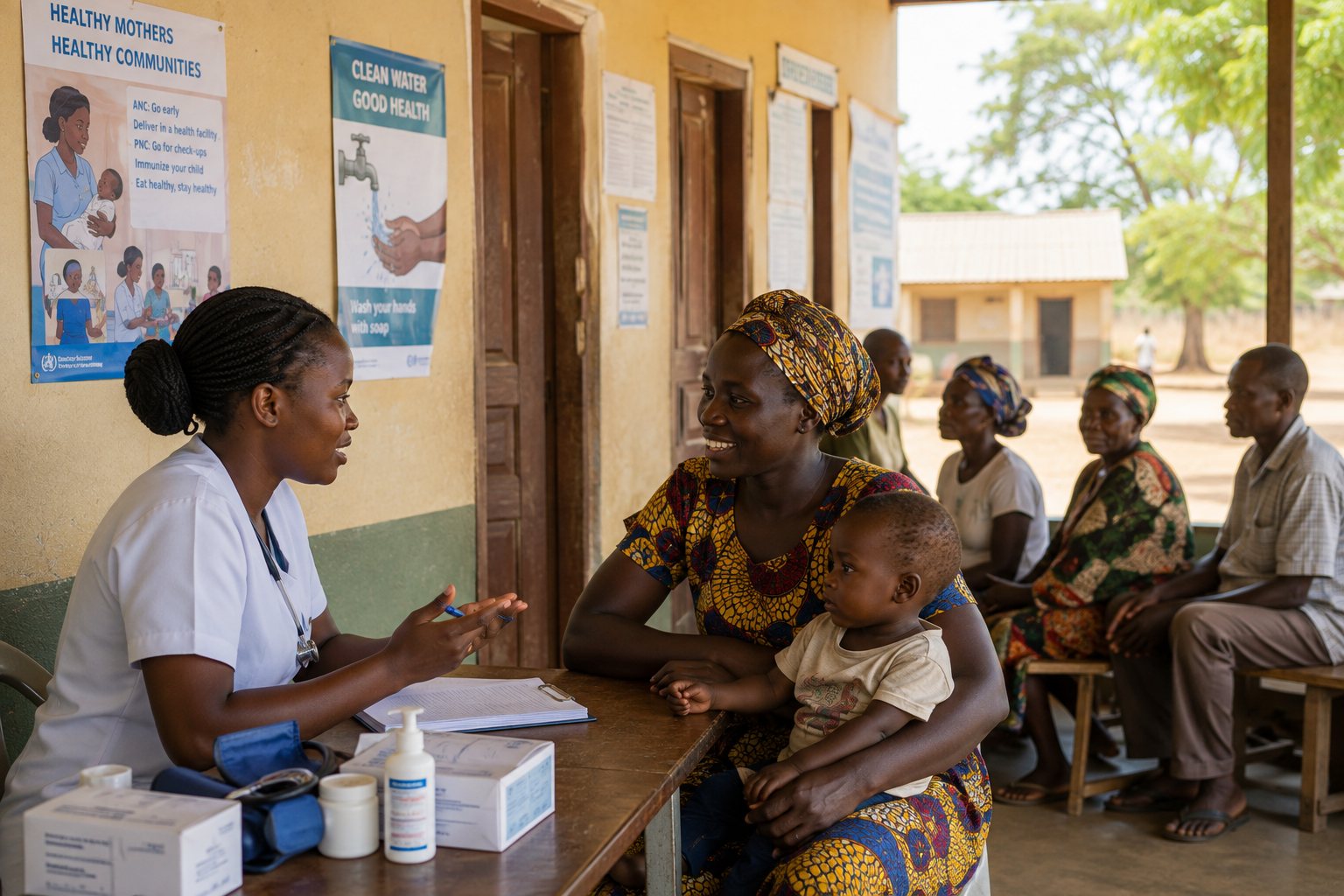 A nurse consulting a mother and child at a rural health centre