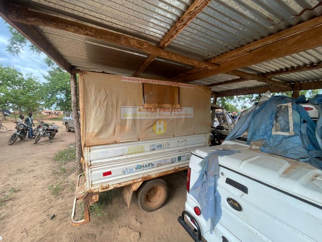 The sole tricycle ambulance serving Bonakye — the only emergency transport available