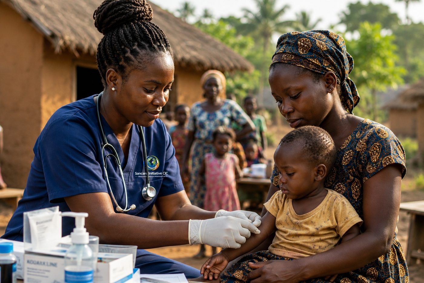 A health worker providing care to a mother and child in a rural community setting