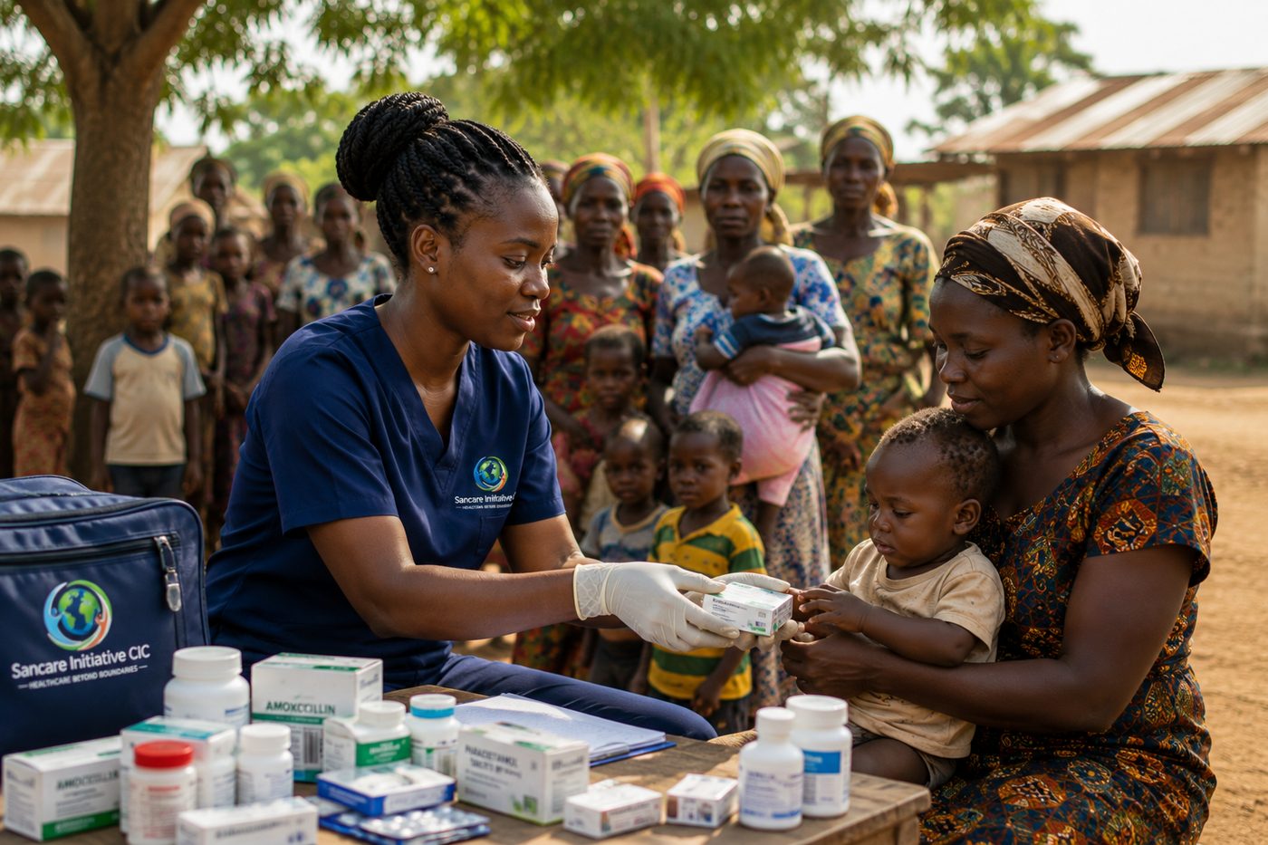 A health worker distributing essential medicines to families at a community clinic